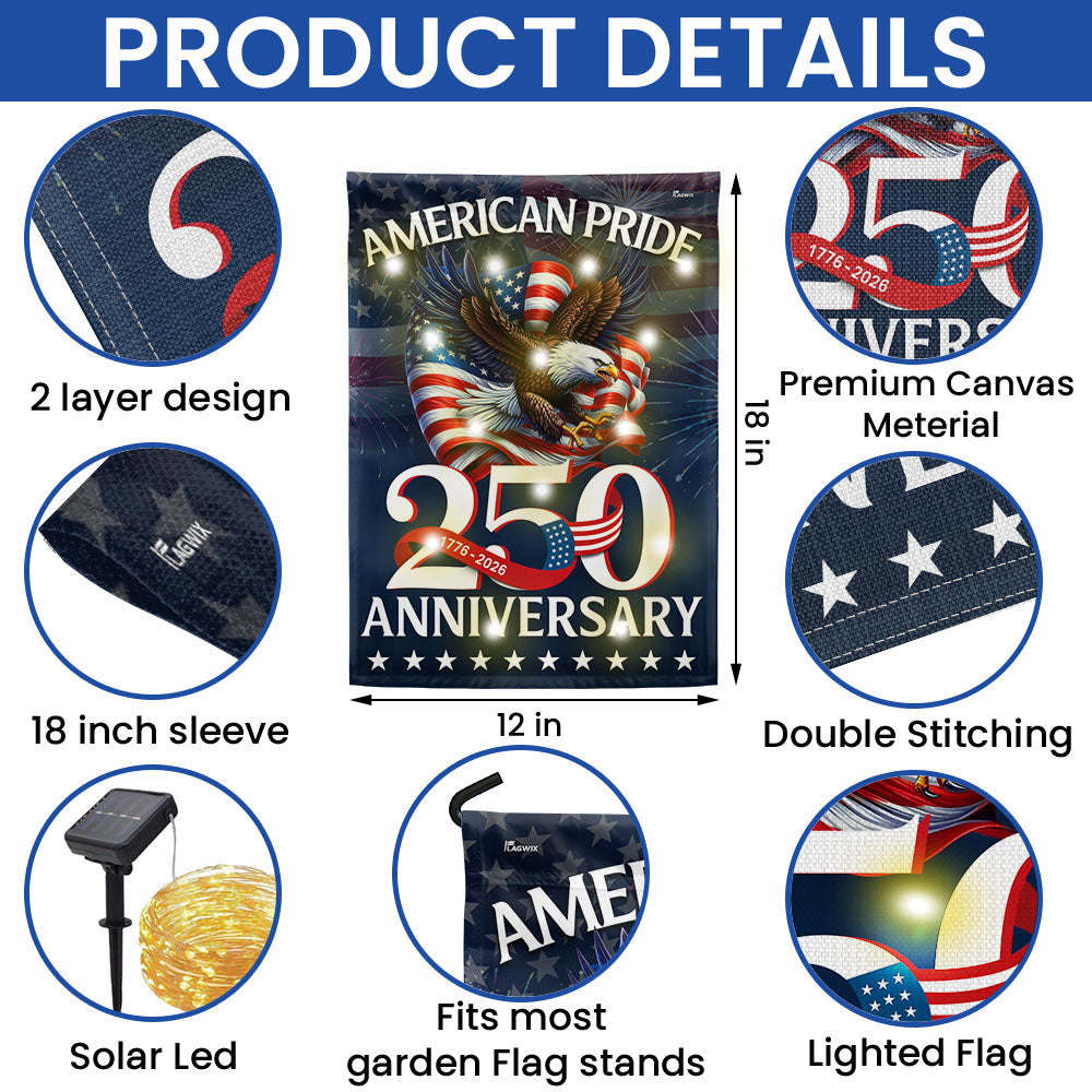 American Pride Flag Decor, Patriotic 250th Anniversary Eagle 1776–2026 Solar LED Flag