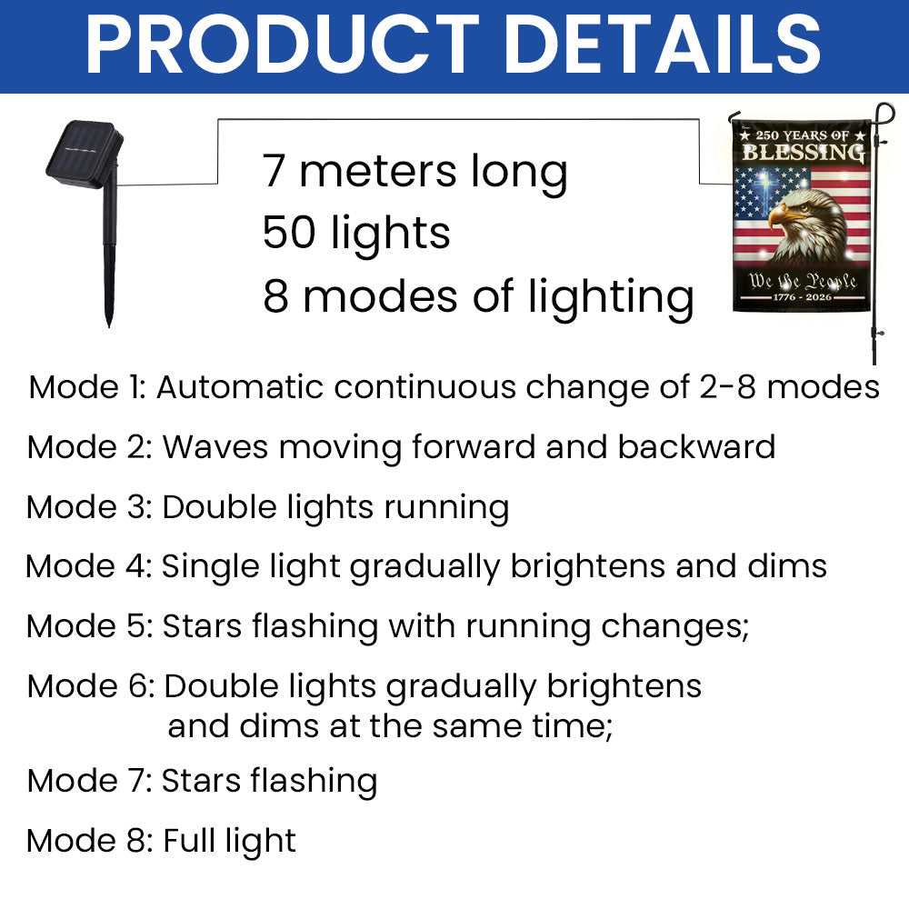 Patriotic 250 Years of Blessing 1776 2026 Flag, We The People American Solar LED Flag Outdoor Decor