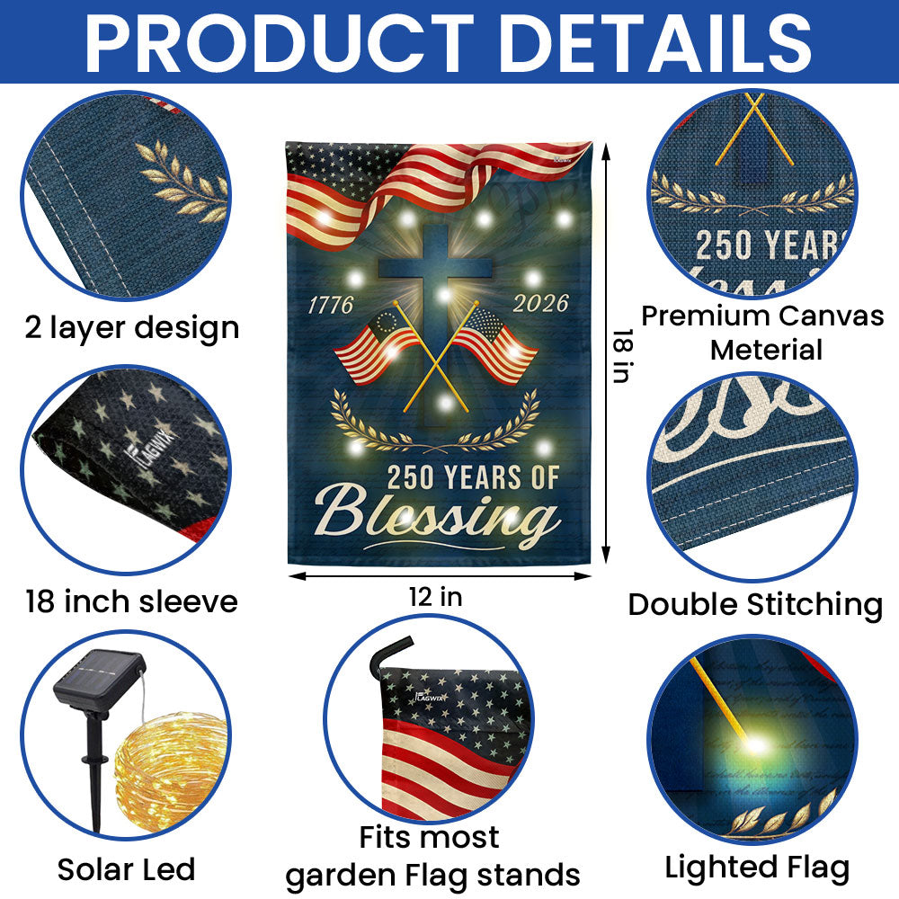 Patriotic Christian 250 Years of Blessings Garden Flag, American 1776 2026 Solar LED Flag