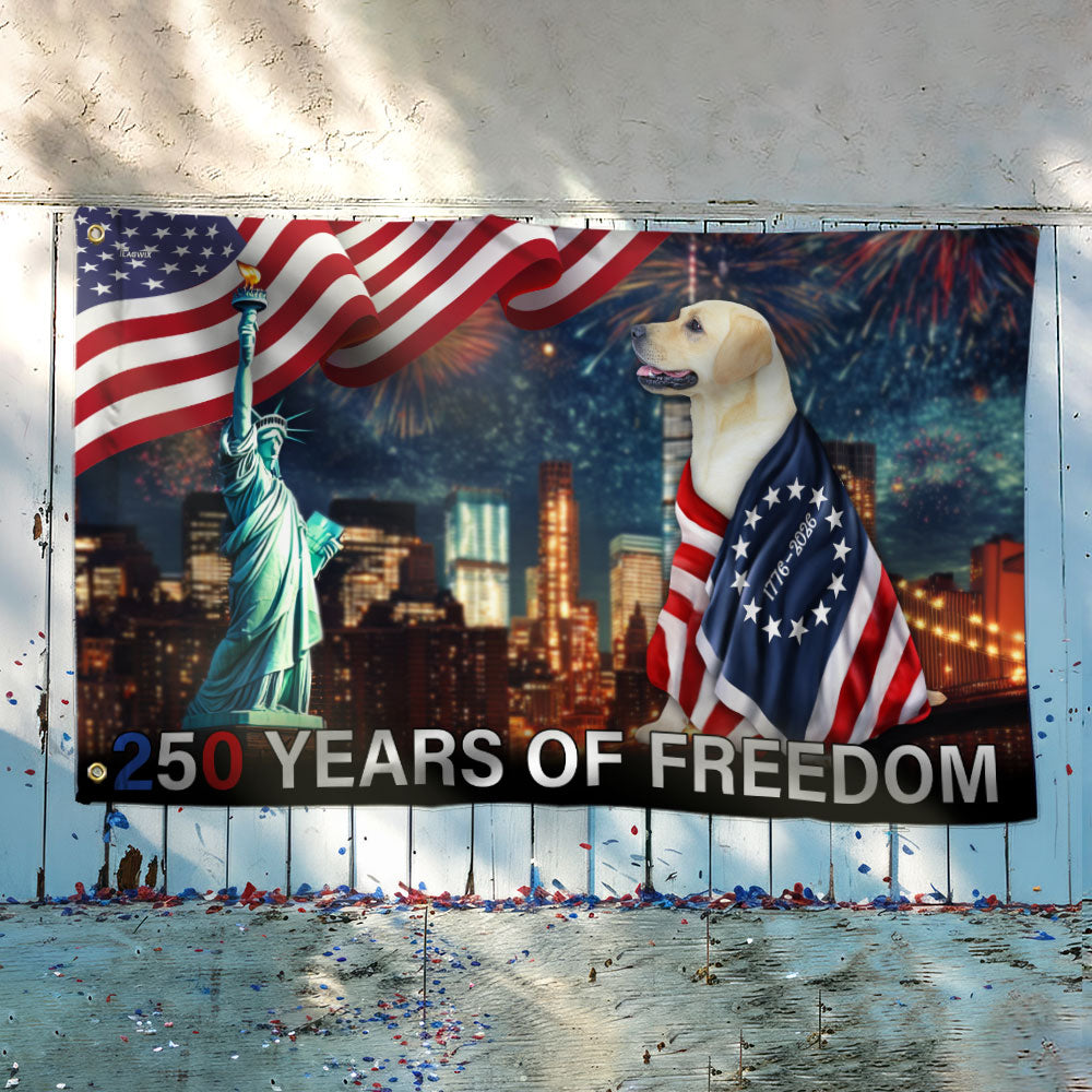 250 Years of Freedom Flag | Patriot Dog Wrapped in Glory Grommet Flag