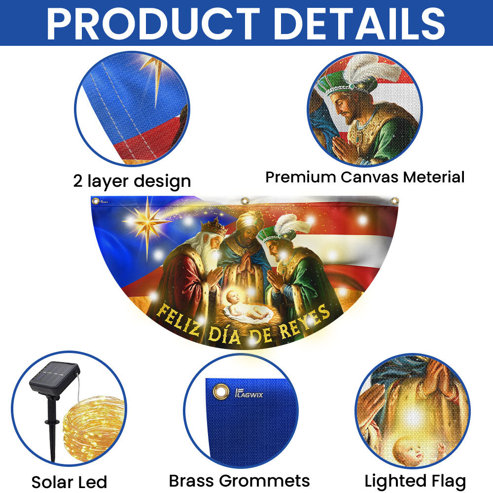 Feliz Día De Reyes Flag | Nativity Puerto Rico Solar Led Fan Flag