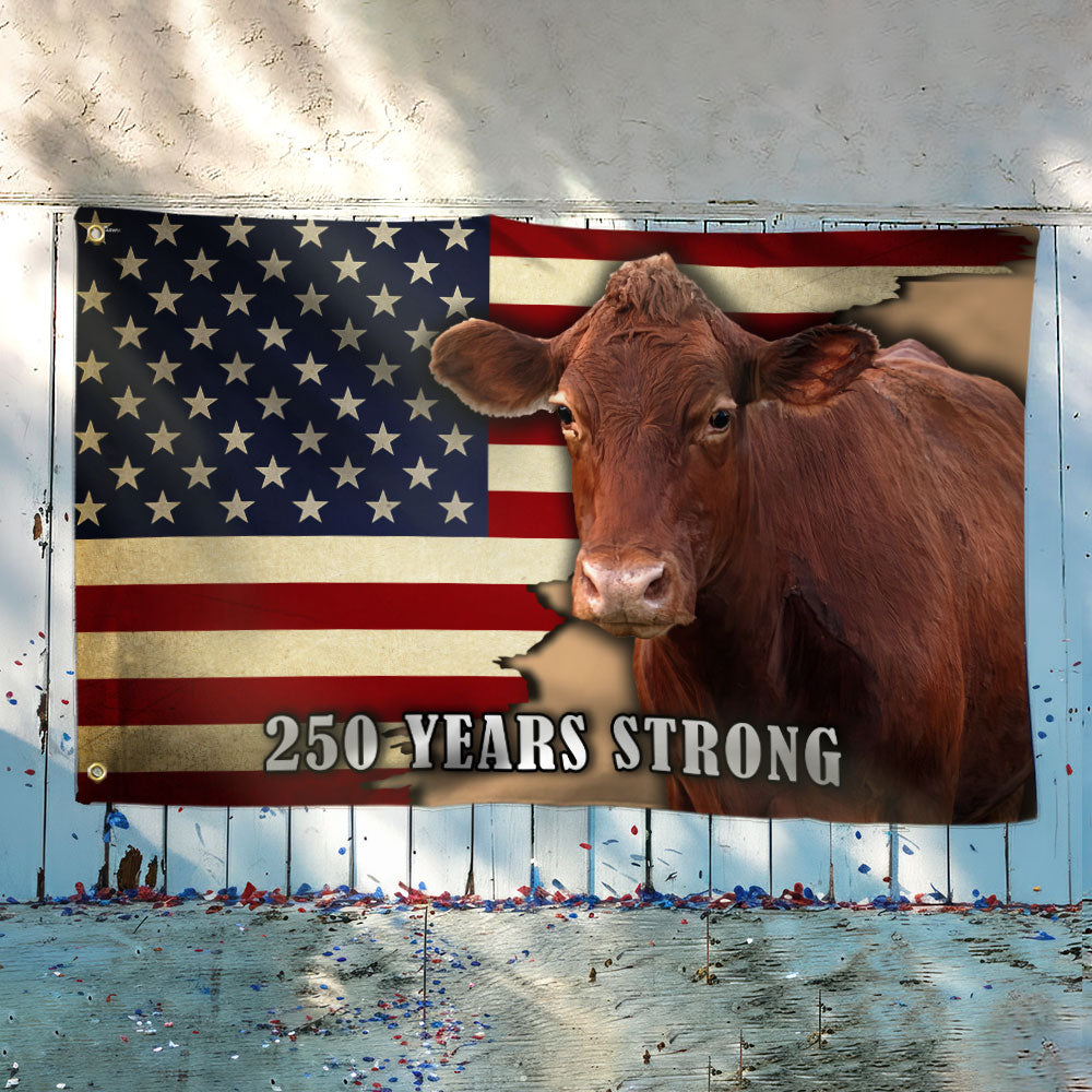 250 Years Strong Cow American Grommet Flag for Farmhouse Patriotic Decor