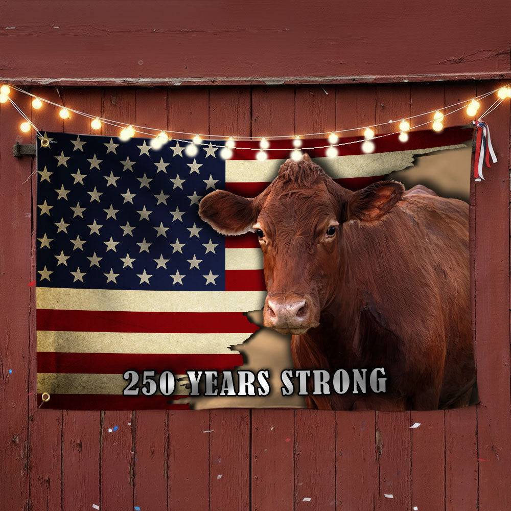 250 Years Strong Cow American Grommet Flag for Farmhouse Patriotic Decor