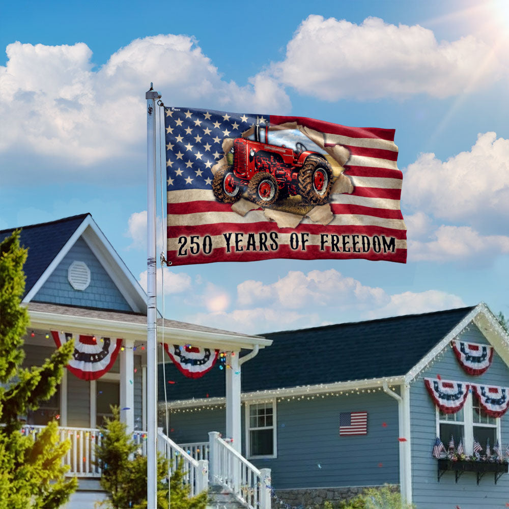 Tractor Farmer Flag, 250 Years of Freedom Red Tractor Grommet Flag