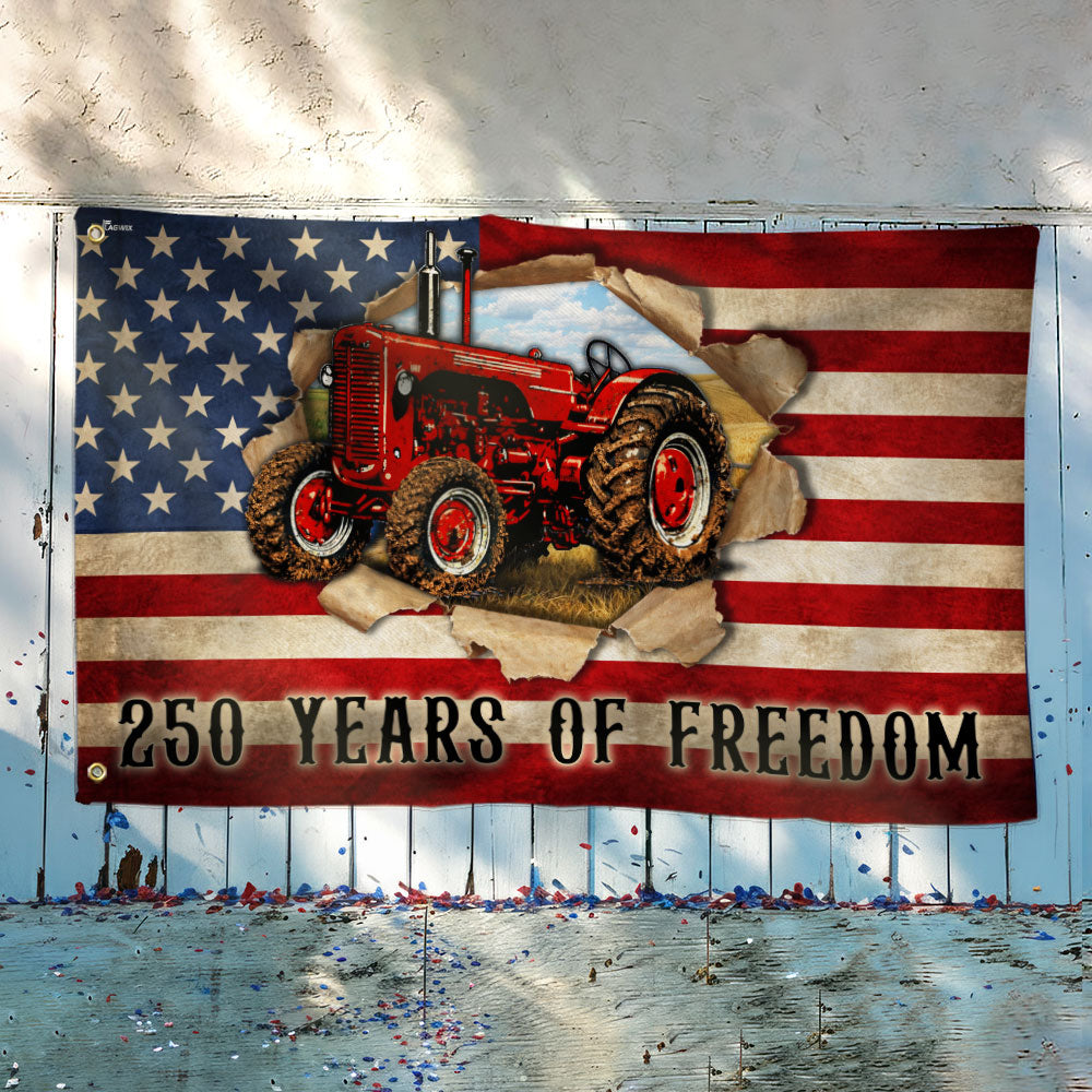 Tractor Farmer Flag, 250 Years of Freedom Red Tractor Grommet Flag