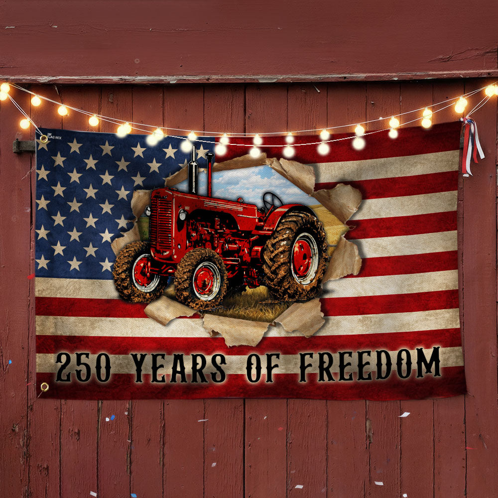 Tractor Farmer Flag, 250 Years of Freedom Red Tractor Grommet Flag
