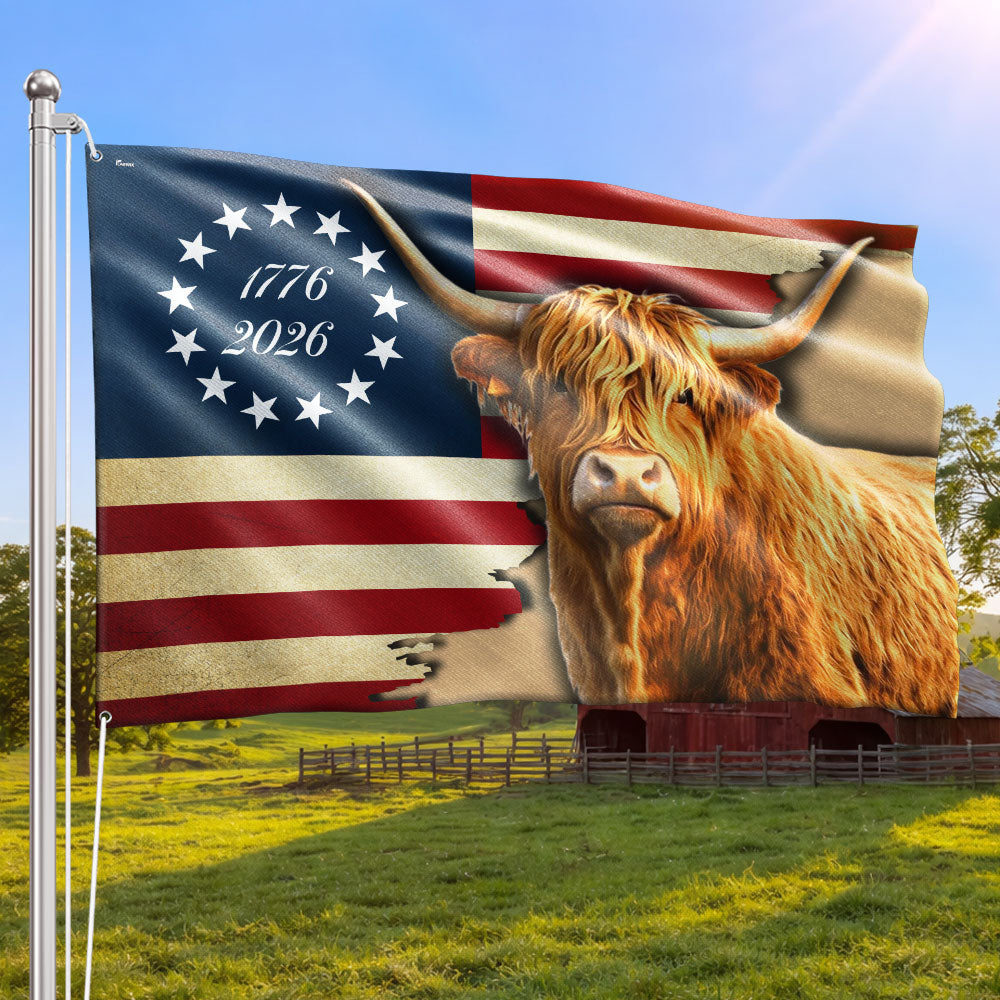 250 Years Strong Highland Cow American Grommet Flag for Farmhouse Patriotic Decor