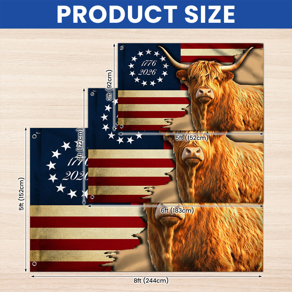 250 Years Strong Highland Cow American Grommet Flag for Farmhouse Patriotic Decor