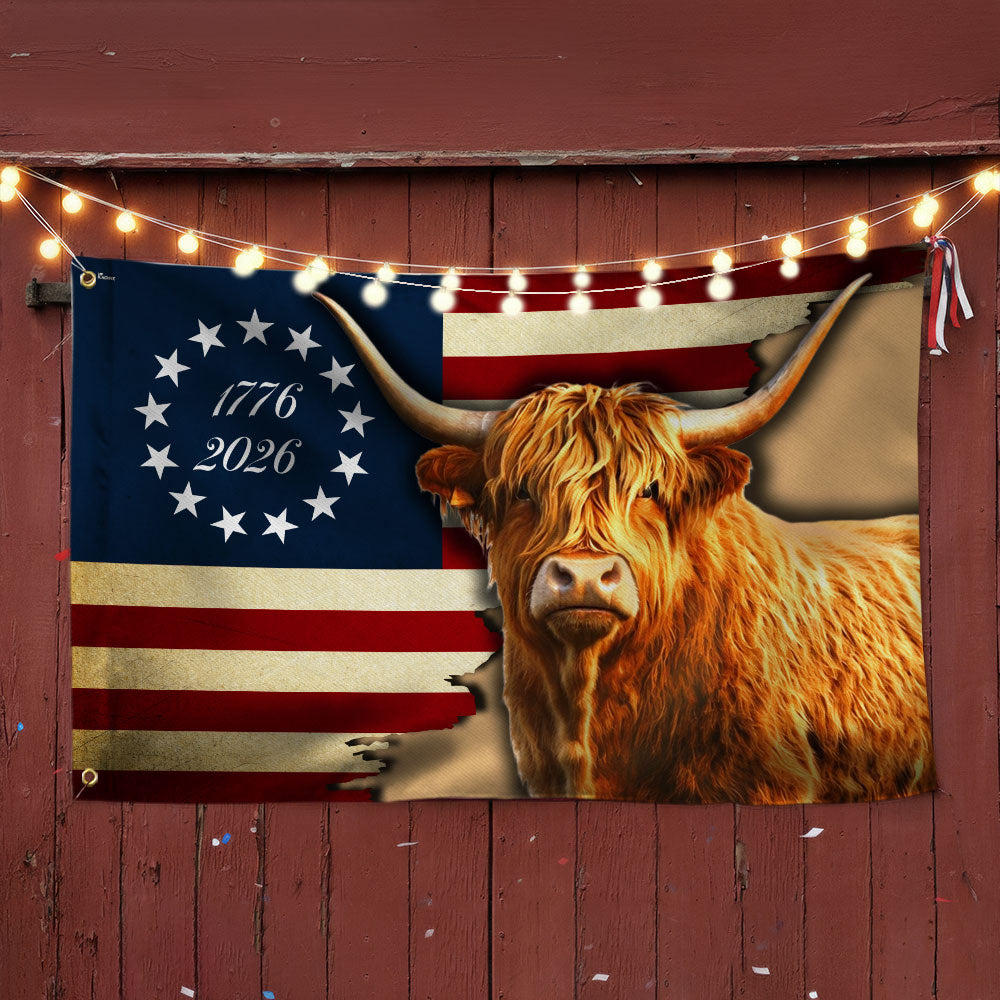 250 Years Strong Highland Cow American Grommet Flag for Farmhouse Patriotic Decor
