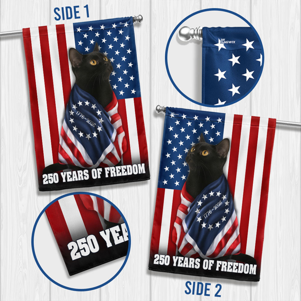 250 Years of Freedom Flag, 1776 2026 Black Cat Wrapped in Glory US Flag