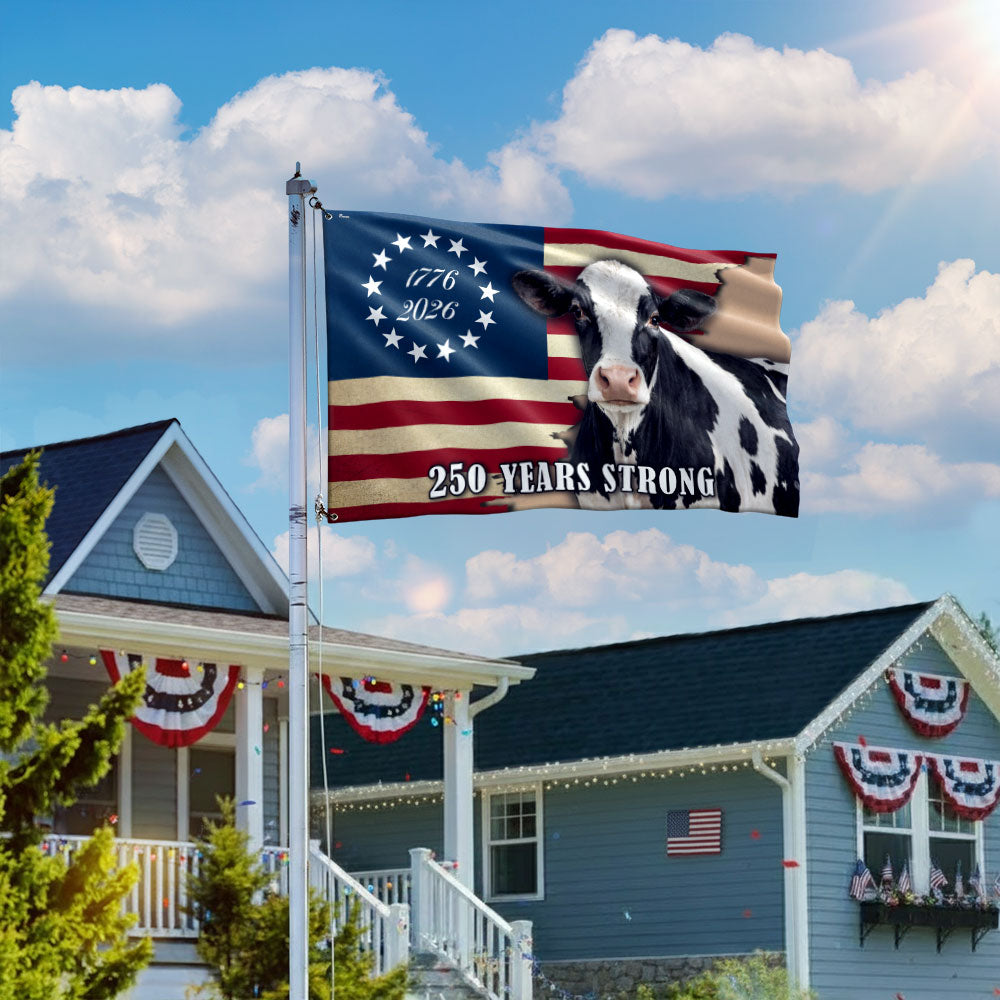 250 Years Strong Dairy Cow American Grommet Flag for Farm Patriotic Decor
