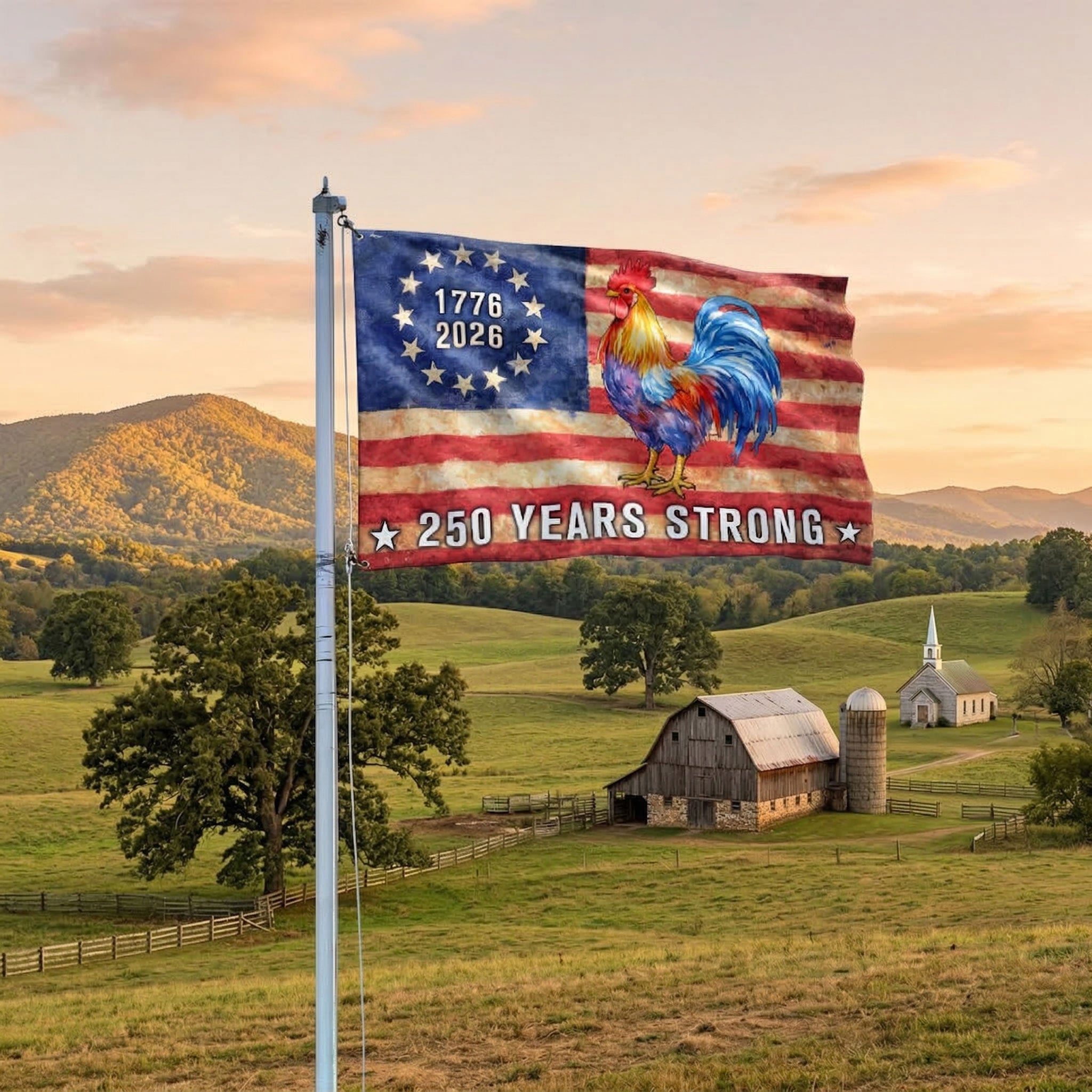 Chicken American Flag, 250 Years Strong Patriotic Chicken Grommet Flag