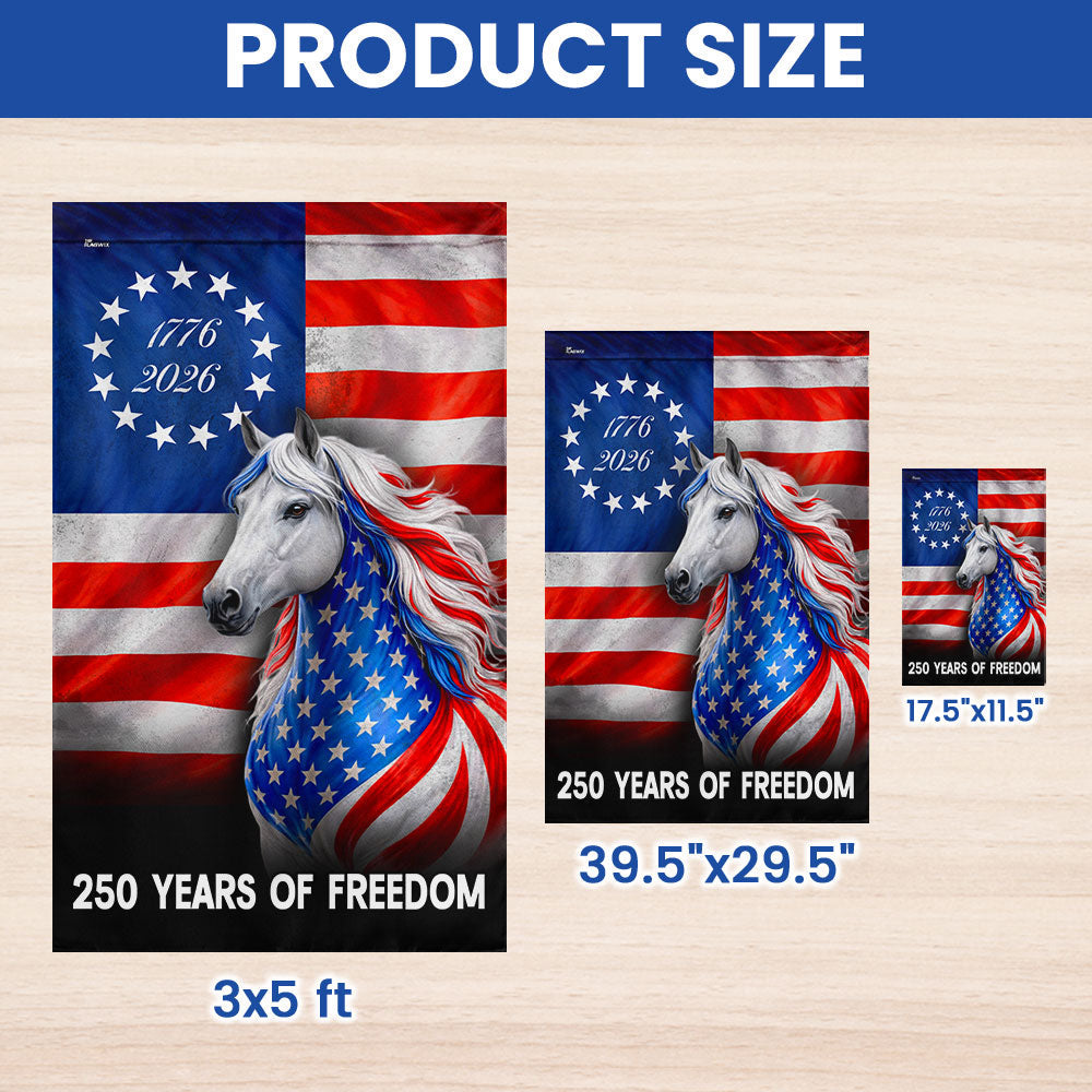 Horse Farmhouse Flag, 250 Years Strong Patriotic White Horse US Flag