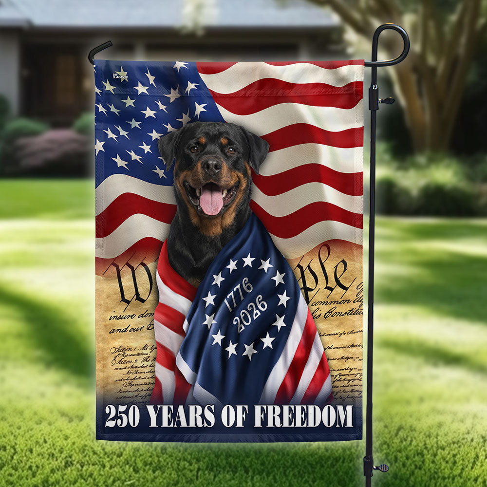 250 Years of Freedom Flag, Rottweiler Dog Wrapped in Glory US Flag