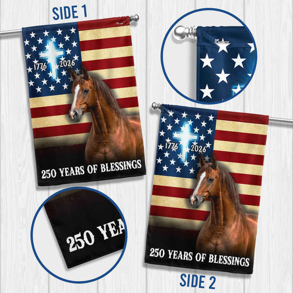 Horse American Flag, 250 Years of Blessings Christian Cross US Flag