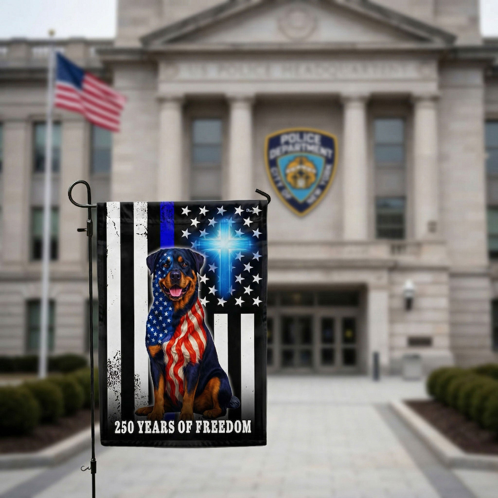 Rottweiler American Flag, 250 Years of Freedom Christian Thin Blue Line Decor
