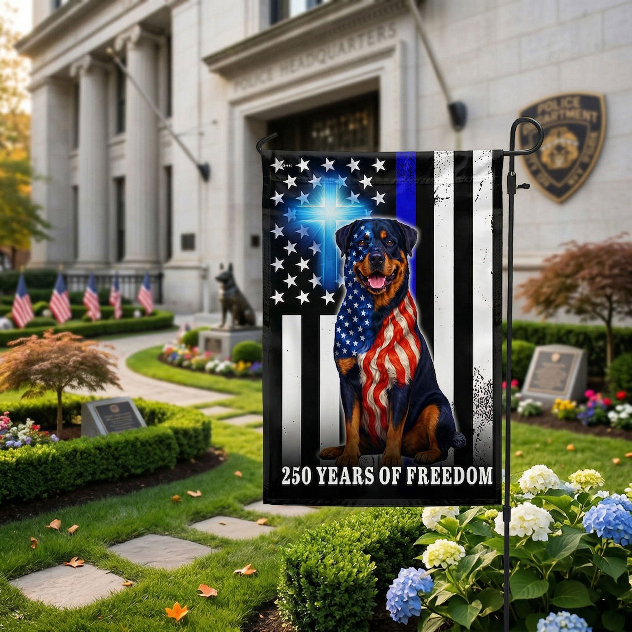 Rottweiler American Flag, 250 Years of Freedom Christian Thin Blue Line Decor