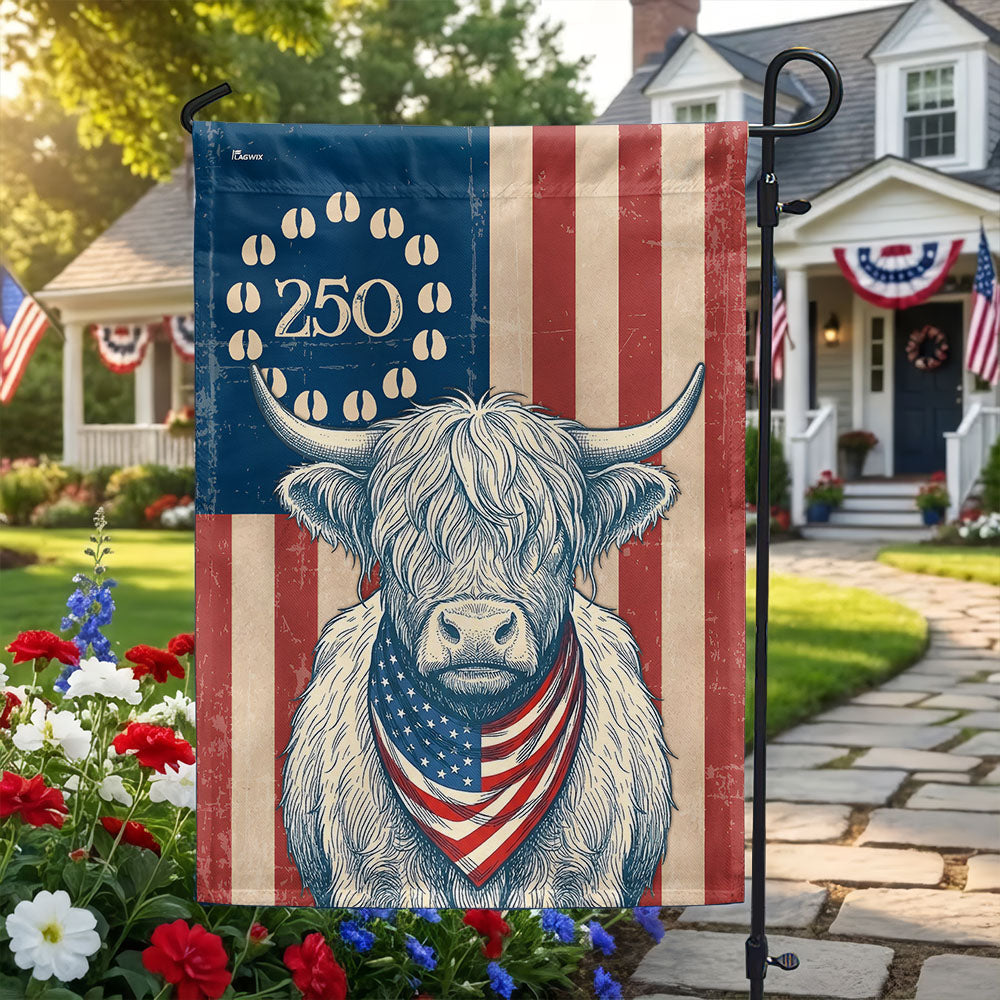 Flagwix Patriotic Highland Cow Garden Flag - 250th Anniversary Cow Farmer Prints Betsy Ros Flag Decor