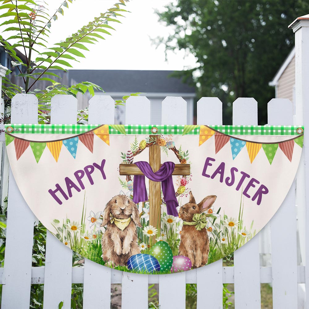 Happy Easter, Christian Cross, Bunny Easter Eggs Non-Pleated Fan Flag TPT1640FLv1