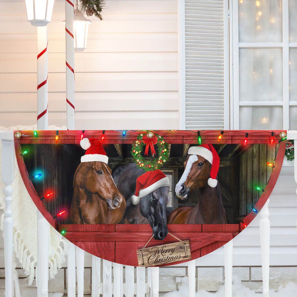 Merry Christmas Horses Farm Non-Pleated Fan Flag - Perfect Holiday Gift for Farmhouse Decor & Horse Lovers 3-Day Shipping