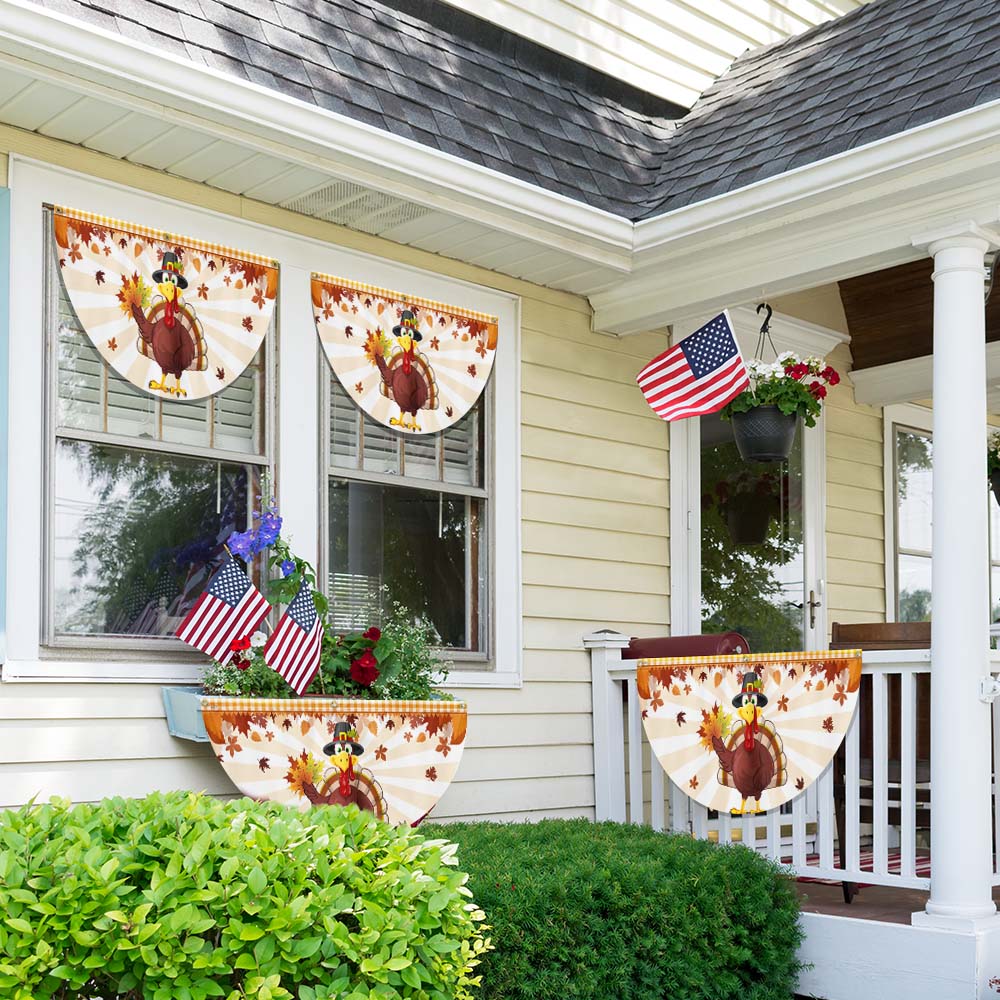 Fall Flag Happy Thanksgiving Turkey Non-Pleated Fan Flag