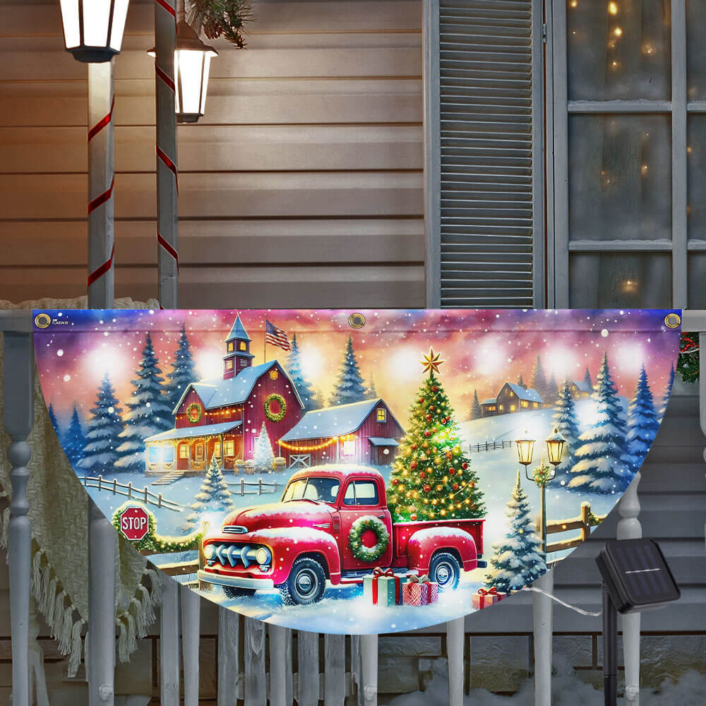 Red Truck Christmas Countryside Winter Holidays Solar Led Fan Flag