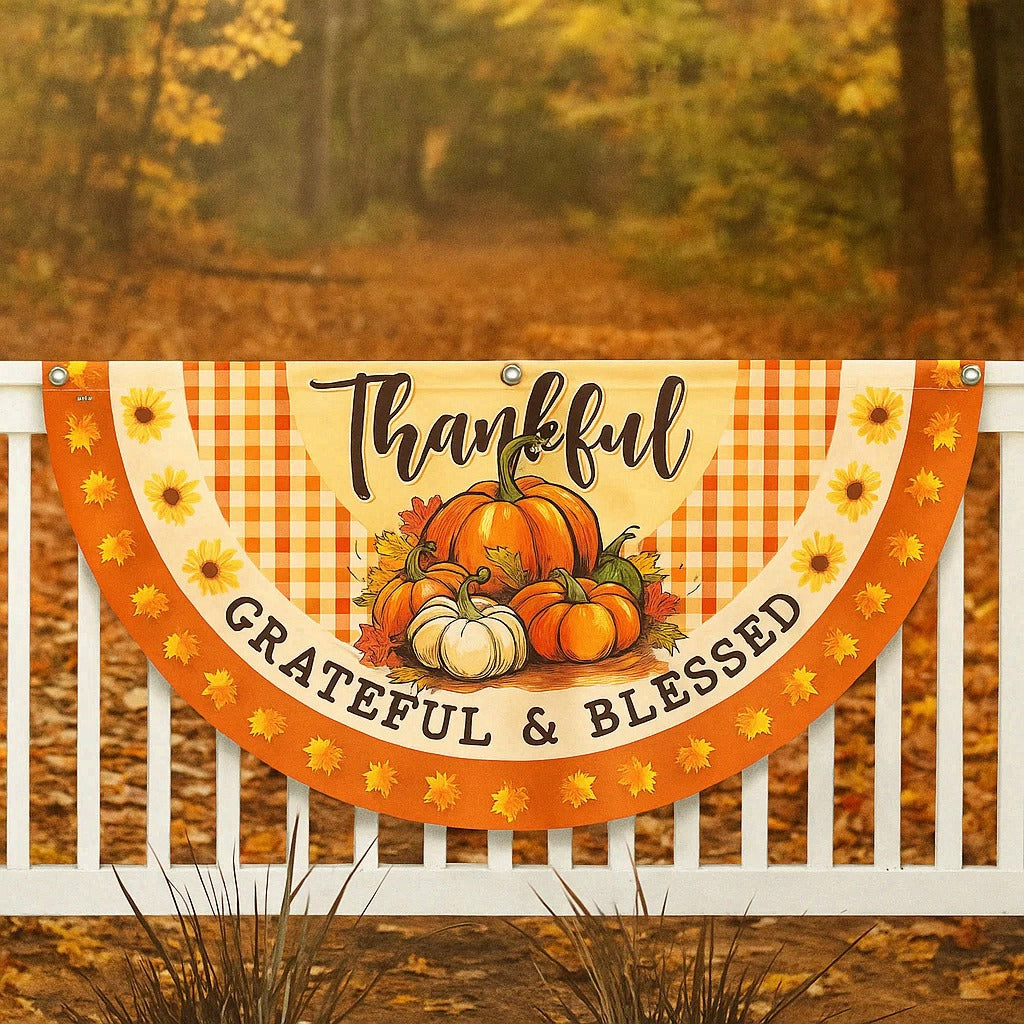Fall Thanksgiving Pumpkins Harvest Thankful Grateful & Blessed Non-Pleated Fan Flag