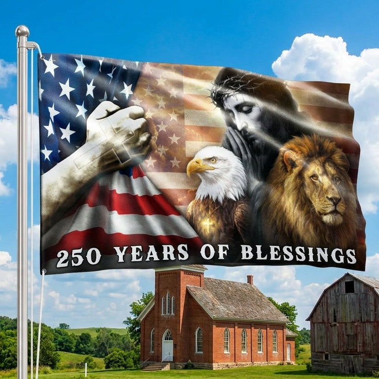 250 Years of Blessings Patriotic Eagle Lion Of Judah Jesus God Grommet Flag