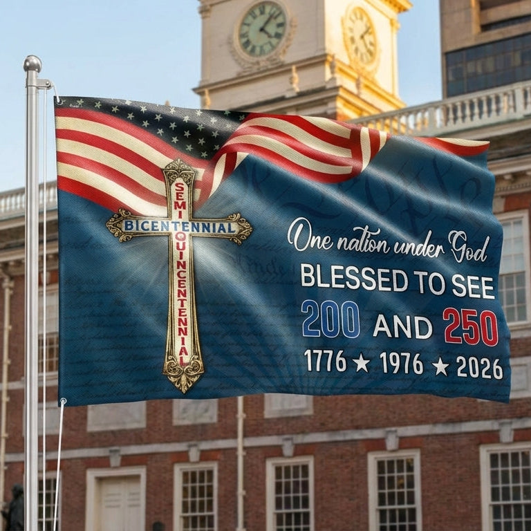 One Nation Under God Blessed to see 200 and 250 Flag, Bicentennial Semiquincentennial Christian Flag