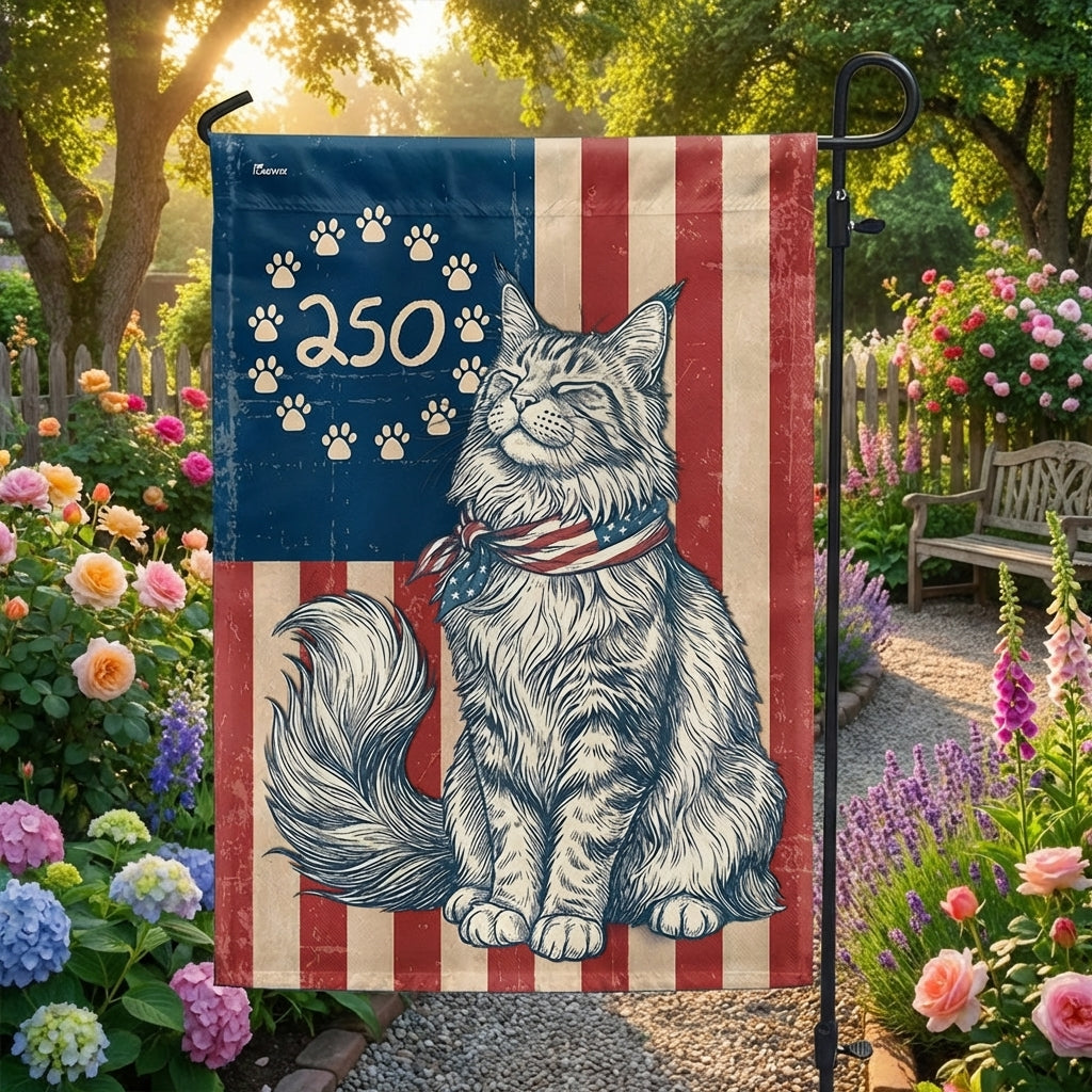 Flagwix Patriotic Maine Coon Cat Garden Flag - 250th Anniversary Patriotic Paw Prints Betsy Ross Flag Decor