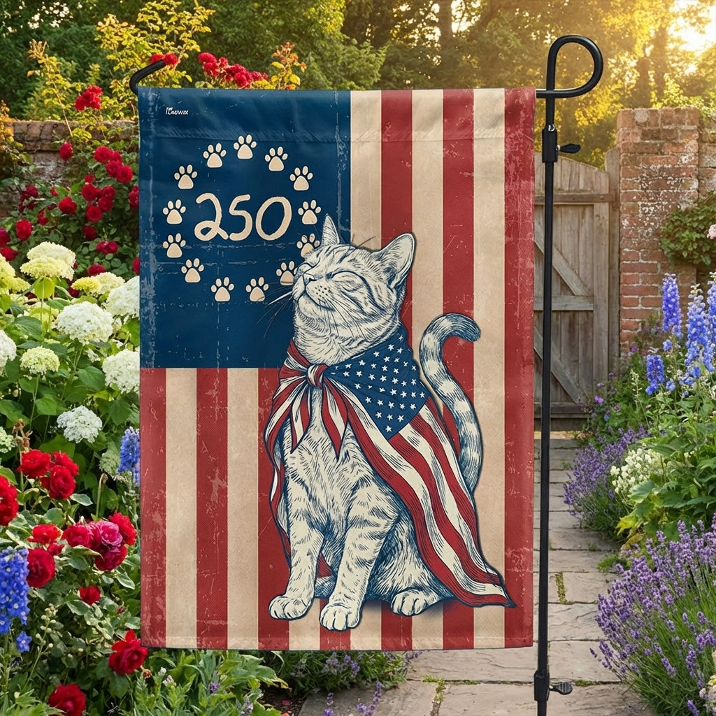 Wrapped in Glory Cat Garden Flag - 250th Anniversary Patriotic Paw Prints Betsy Ross Flag Decor