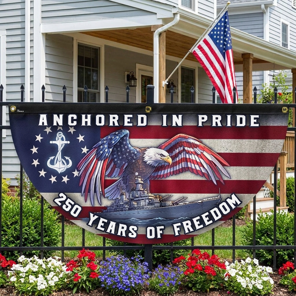 America Navy Fan Flag, 250 Years of Freedom Anchored in Pride Patriotic Flag Decor