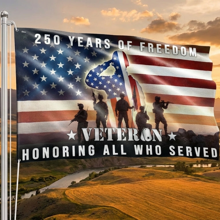 250 Years of Freedom American Flag, Honoring All Who Served Veterans Grommet Flag
