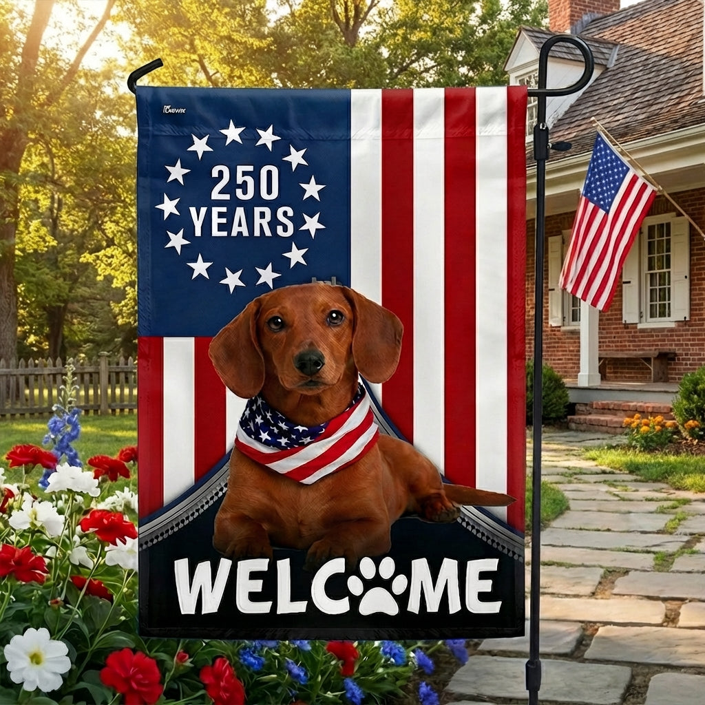 Patriotic Welcome Dog Garden Flag, 250 Years Dachshund Betsy Ross Flag Decor