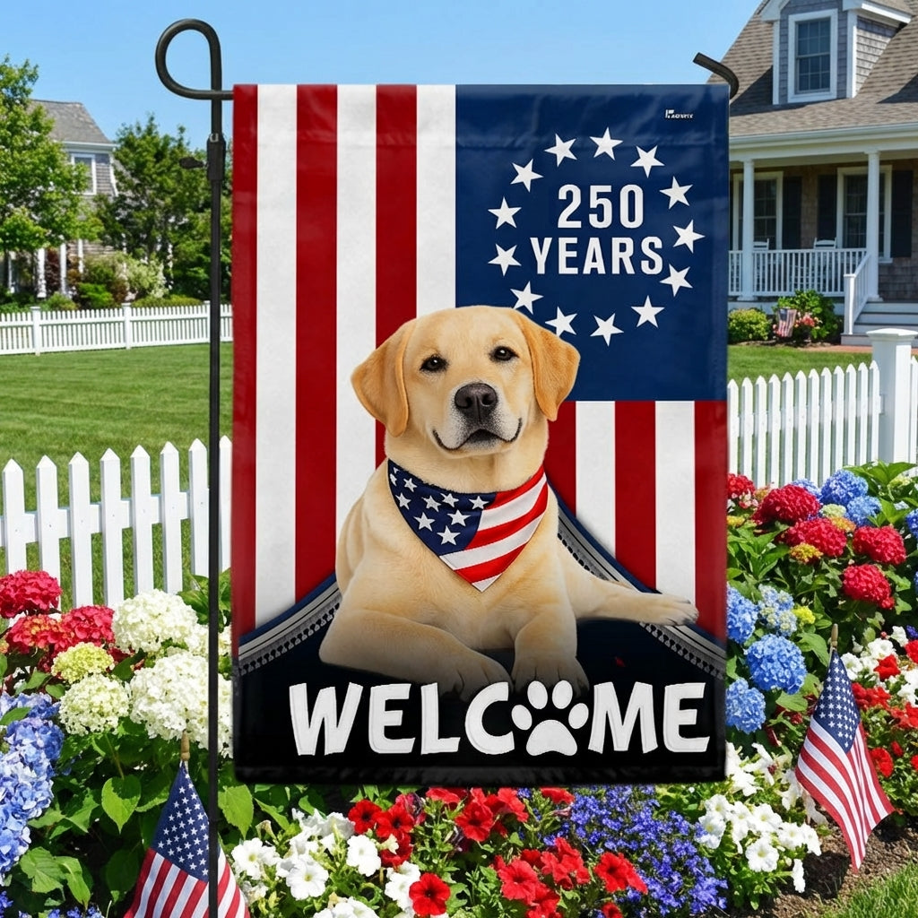 Patriotic Welcome Dog Garden Flag, 250 Years Labrador Retriever Flag Decor for Dog Lovers