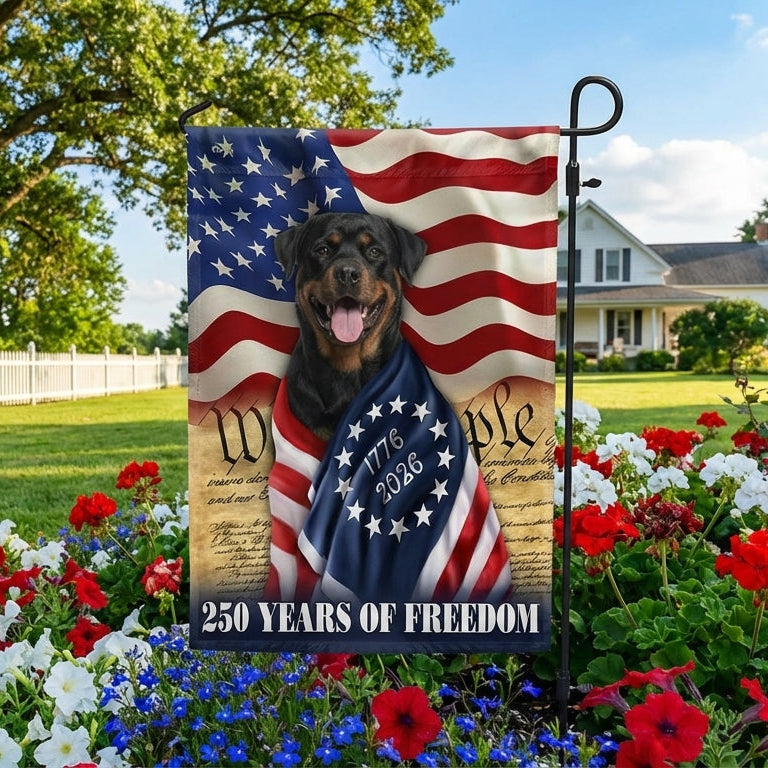 250 Years of Freedom Flag, Rottweiler Dog Wrapped in Glory US Flag
