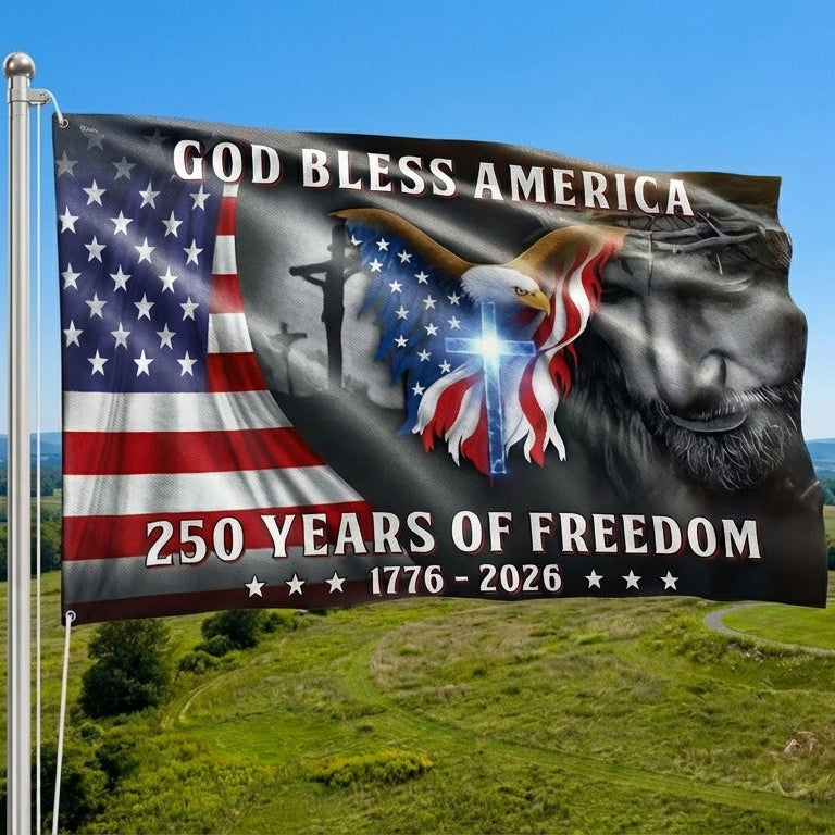 Patriotic Christian 250 Years of Freedom Flag, God Bless America 1776 2026 Grommet Flag