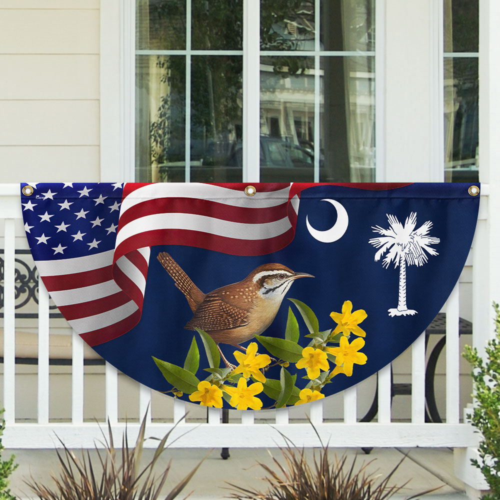 South Carolina Yellow Jessamine Flower and Carolina Wren Bird Non-Pleated Fan Flag