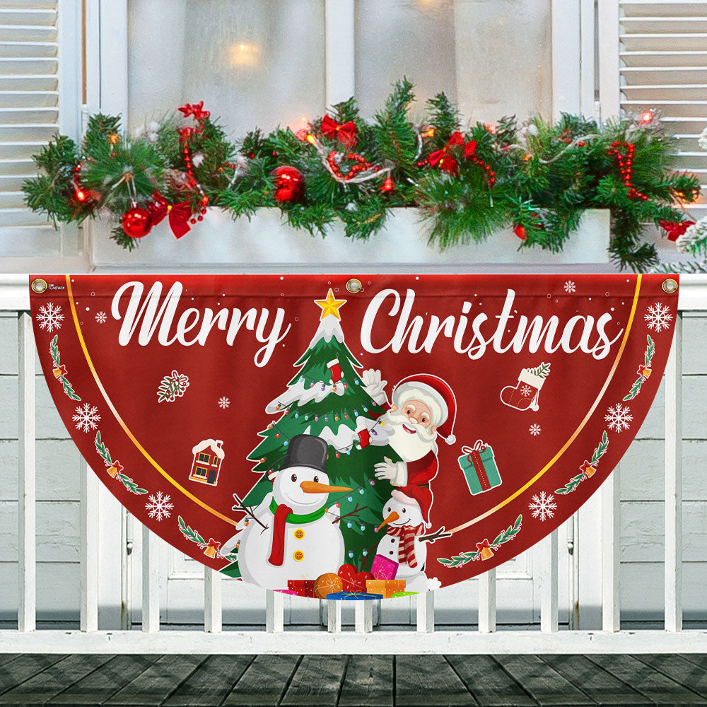 Merry Christmas Fan Flag - Santa Claus & Snowman Non-Pleated Holiday Décor - 3-Day Shipping