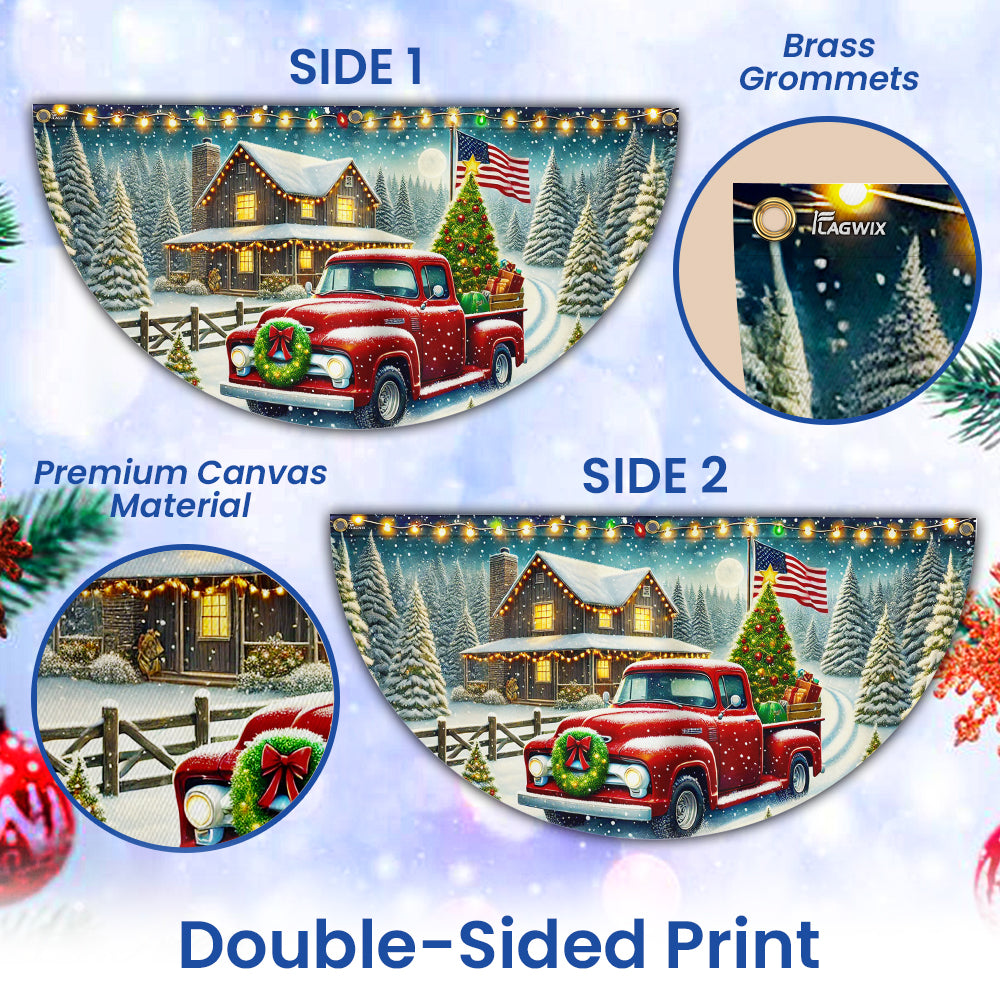 Red Pickup Truck Countryside Christmas Non-Pleated Fan Flag