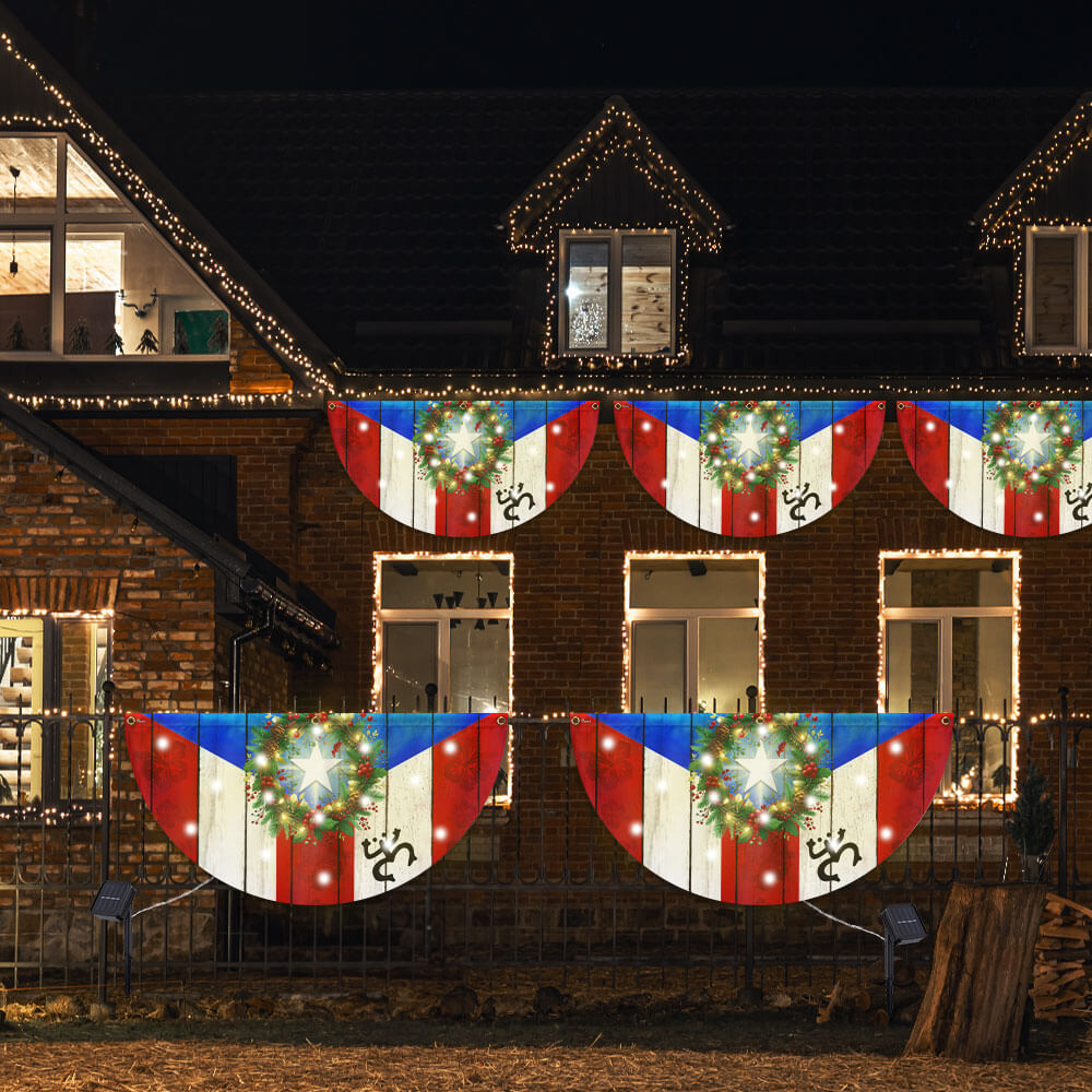 Puerto Rico Boricua with Christmas Wreath Puerto Rican Solar Led Fan Flag