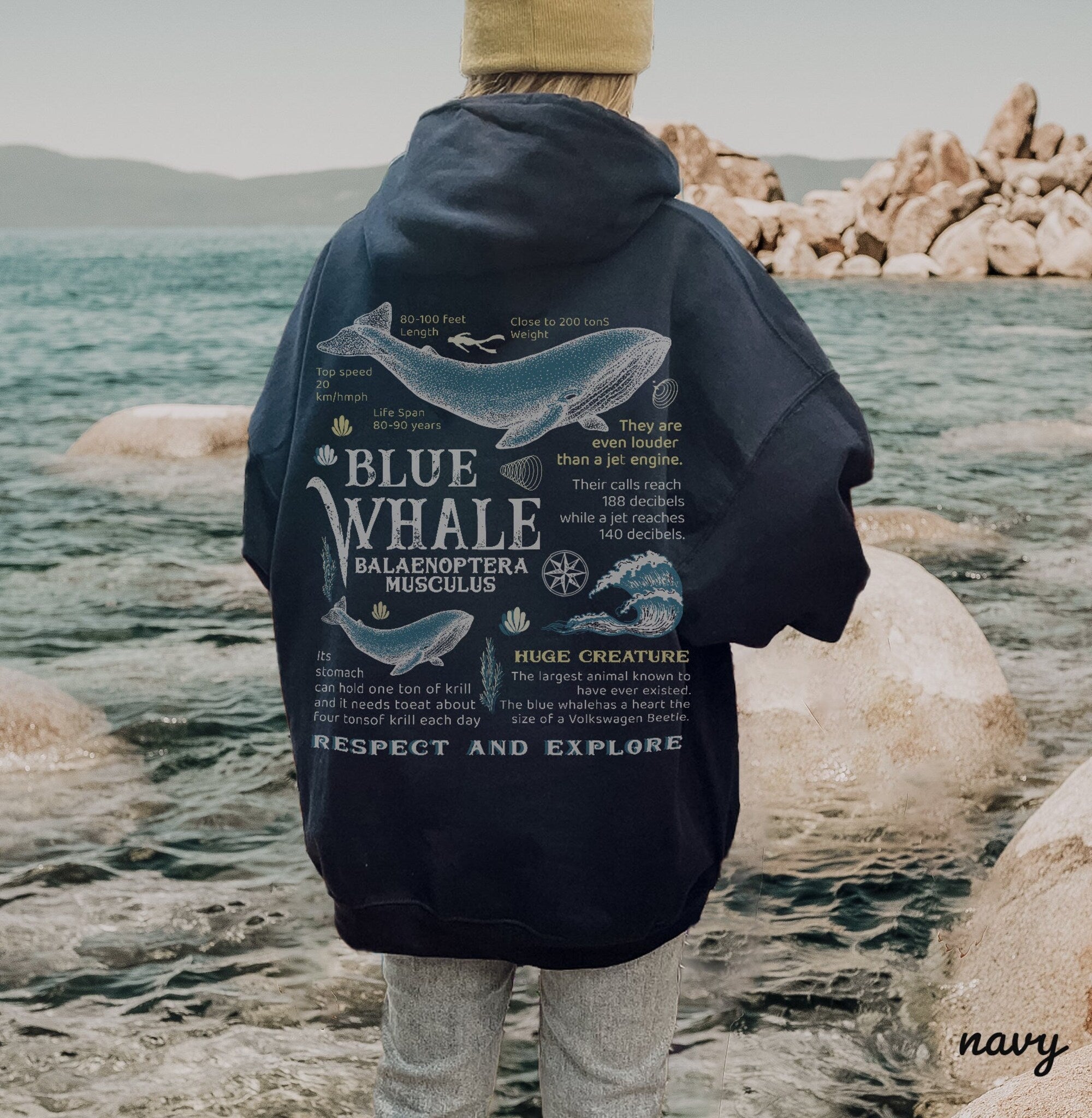 Retro Blue Whale Hoodie – 90s Ocean Graphic Pullover