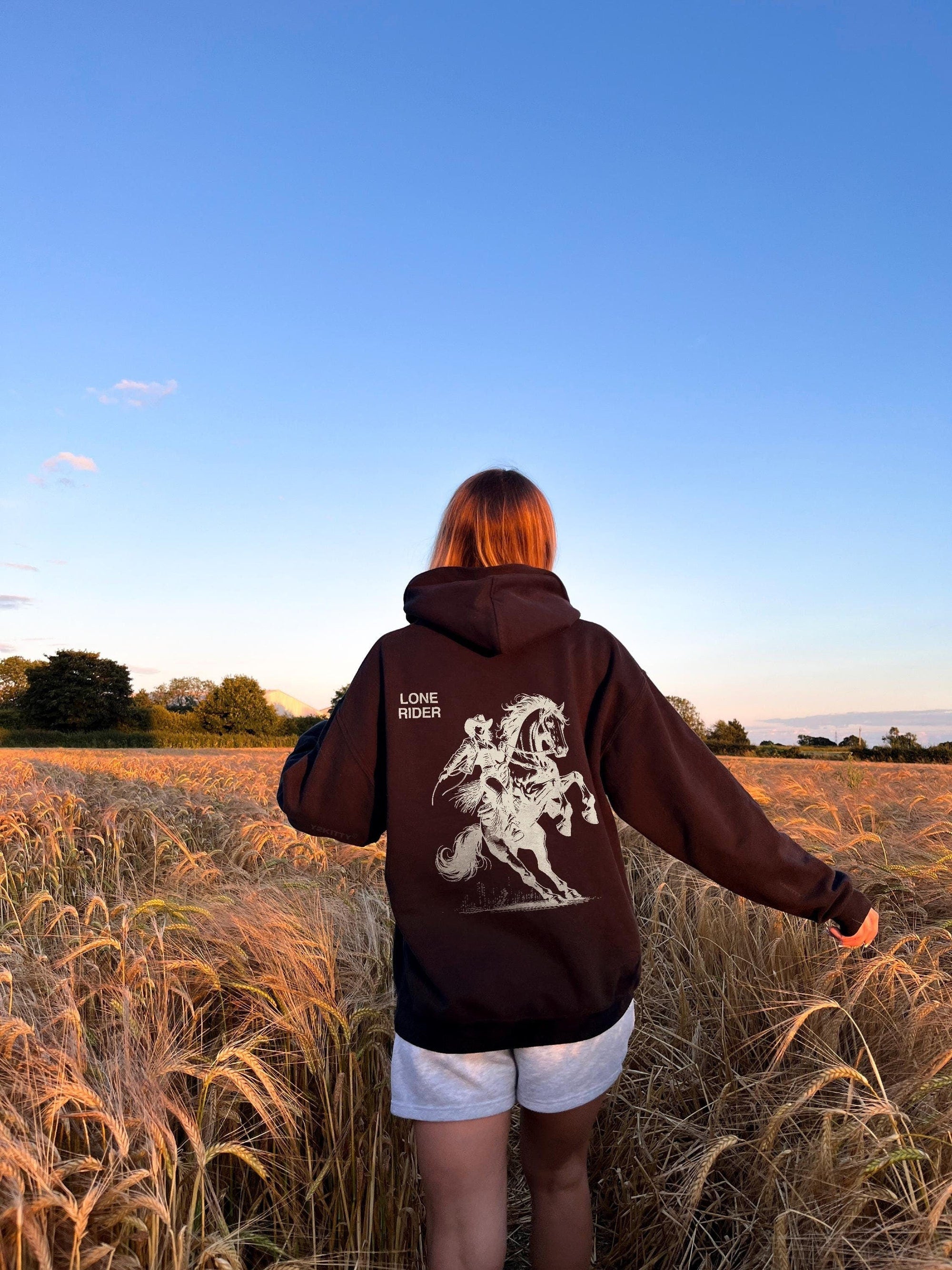 Lone Rider Cowgirl Hoodie – Western Y2K Back Print