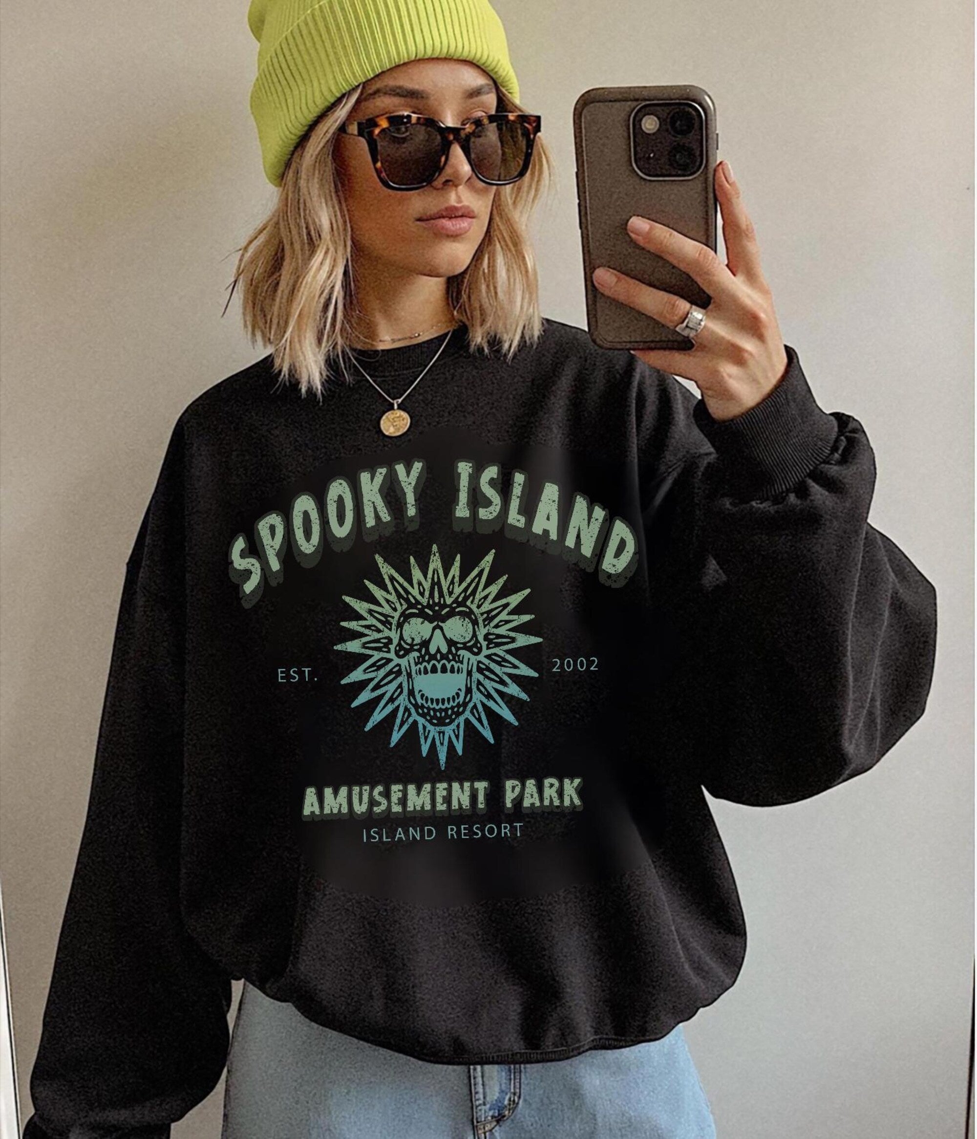 Spooky Island Crewneck Sweatshirt – Retro Halloween Disco Skull