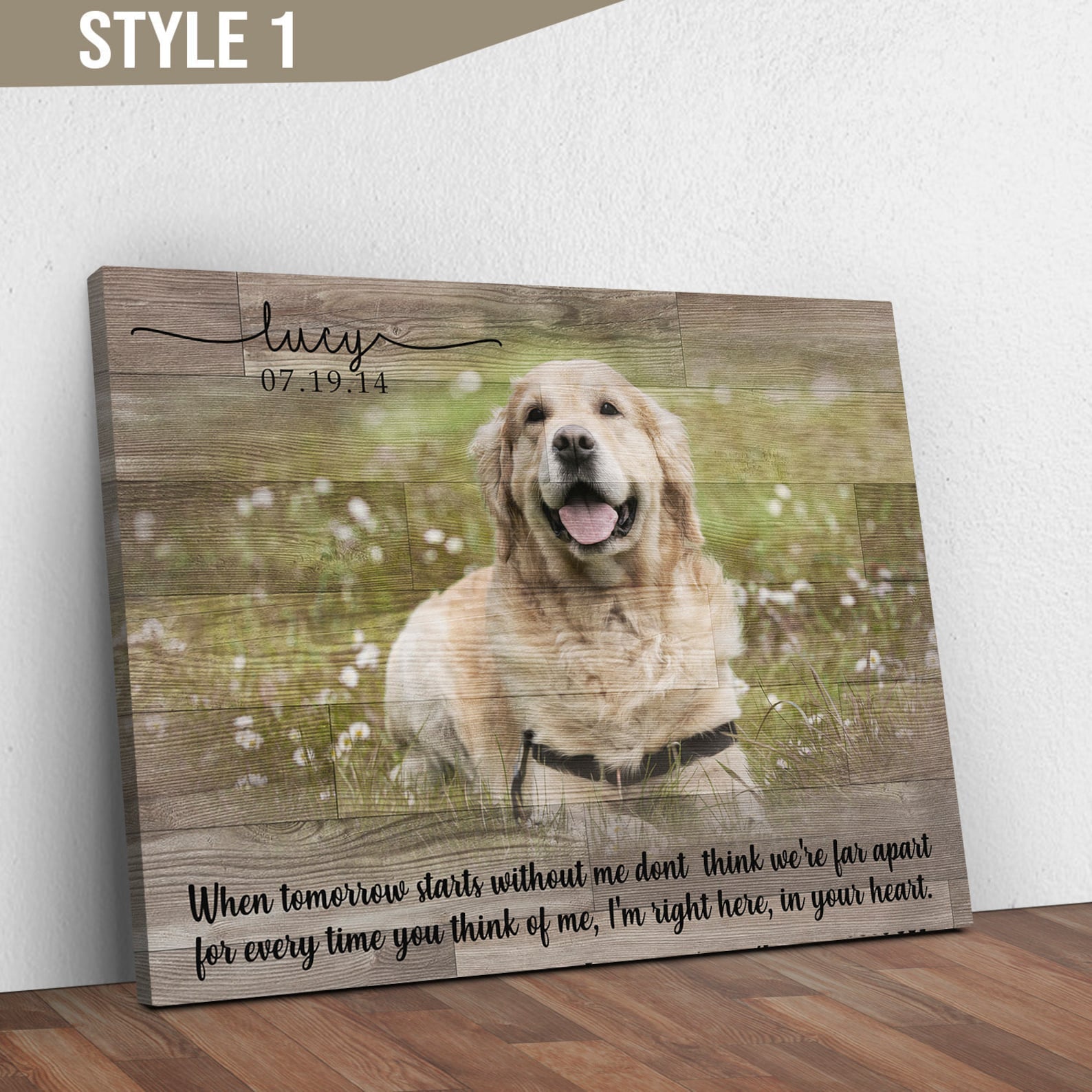Wooden plaque with a photo of a dog and text on a wooden floor.