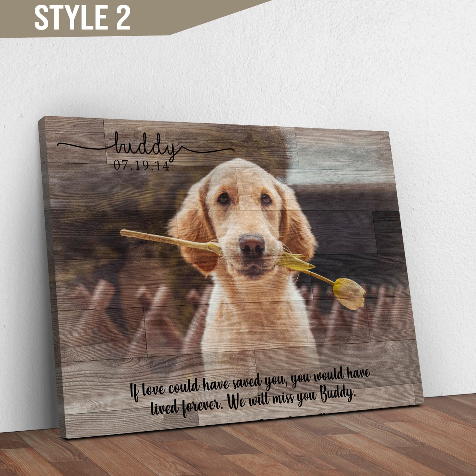 Wooden plaque with a photo of a dog holding a flower, text, and wooden texture.