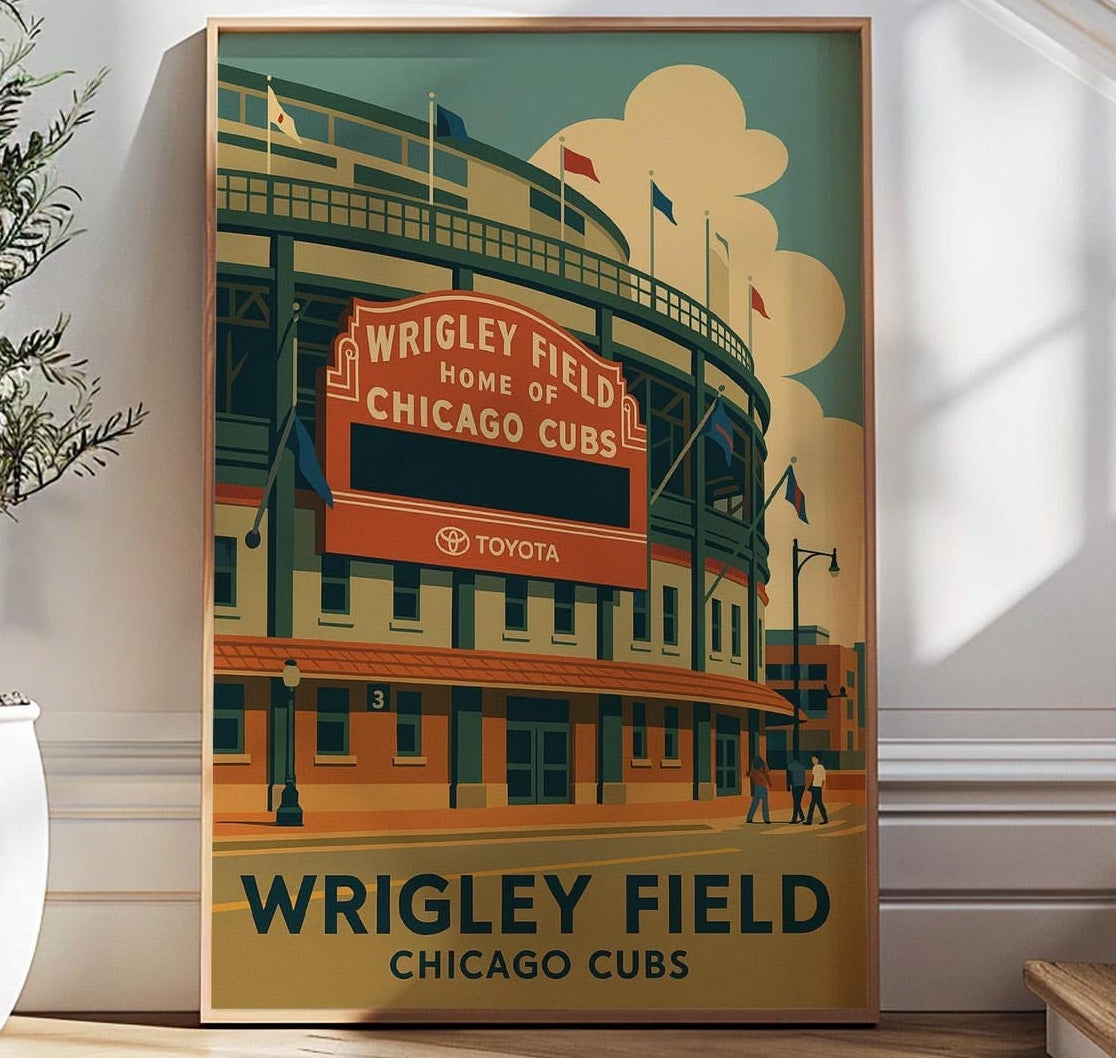 Framed poster of Wrigley Field in a home setting with a plant and staircase.