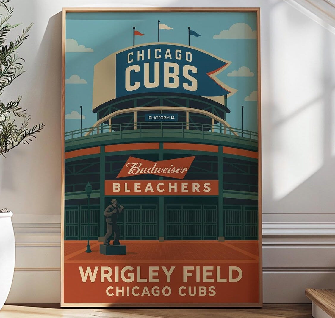 Framed Chicago Cubs poster on a wall with a plant and staircase in the background