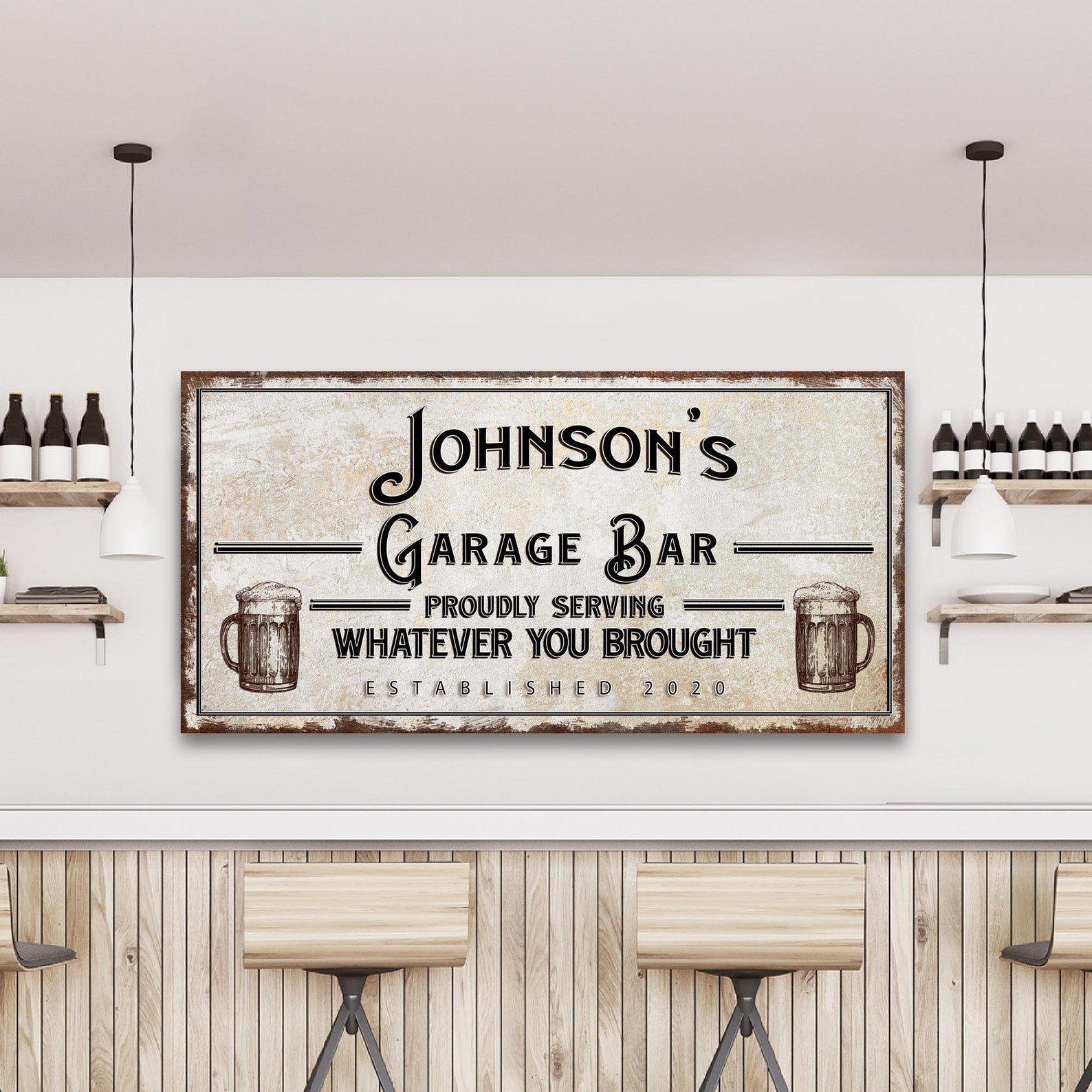 Custom Garage Bar Canvas - Proudly Serving Whatever You Brought Sign