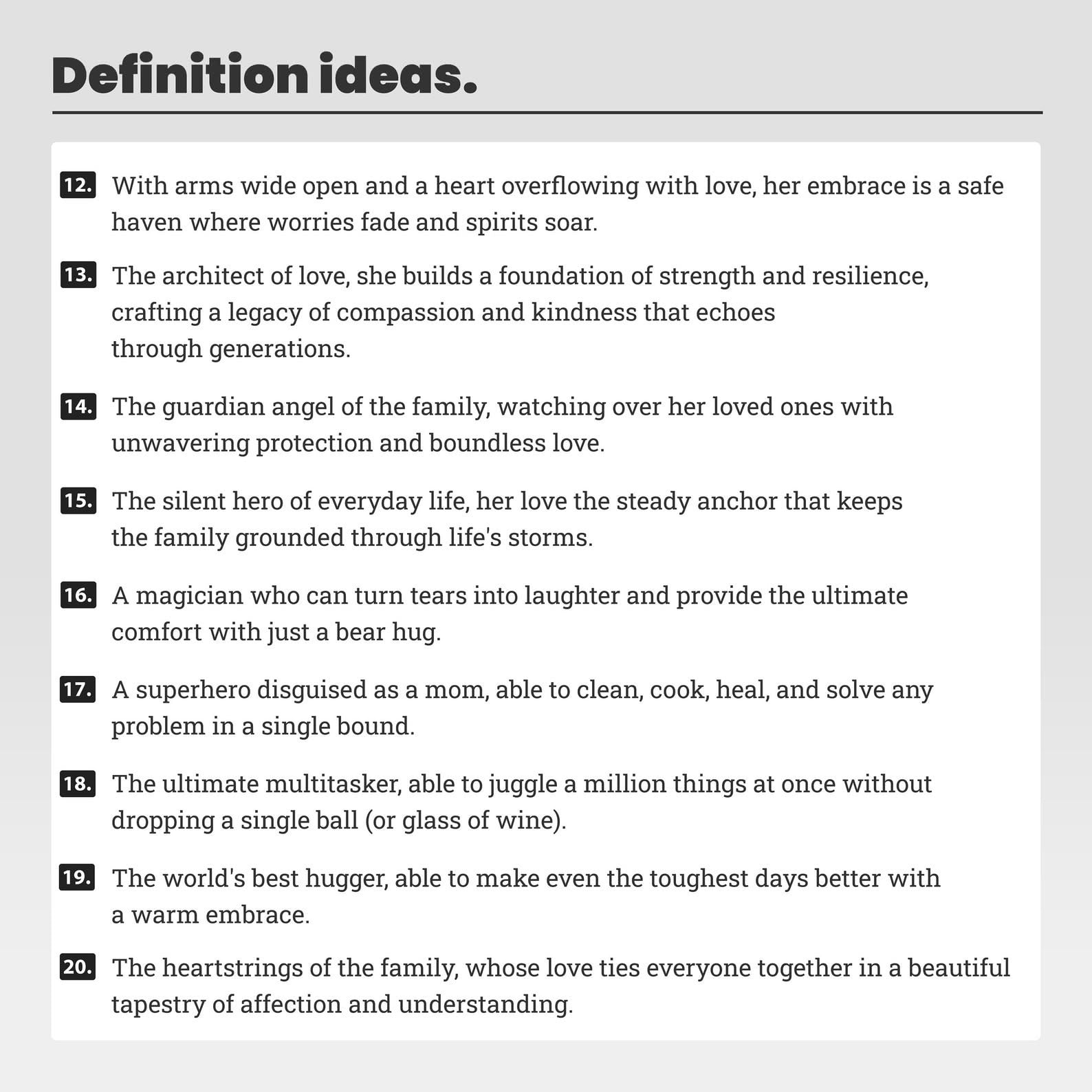 Text definitions of a mother's role in a family on a white background